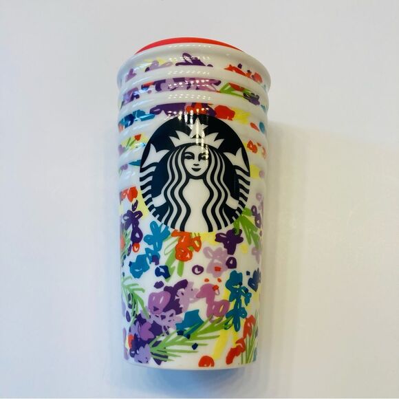 STARBUCKS 2016 Spring Floral Ceramic Travel Tumbler Flowers Mug Coffee Cup 10 Oz - Picture 1 of 7
